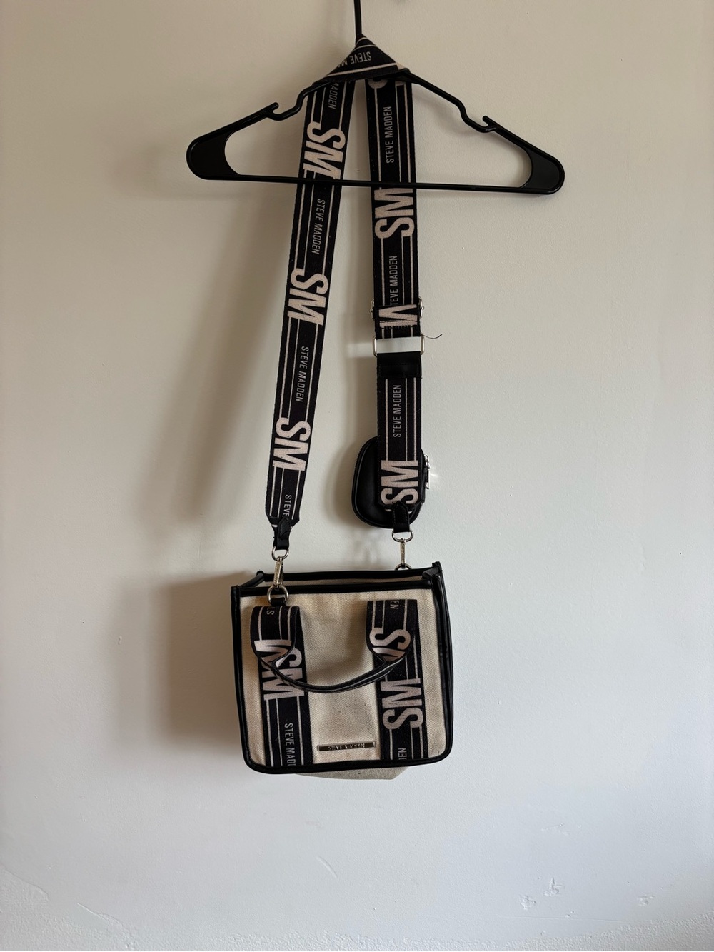 Steve Madden Black and Cream Logo Canvas Crossbody